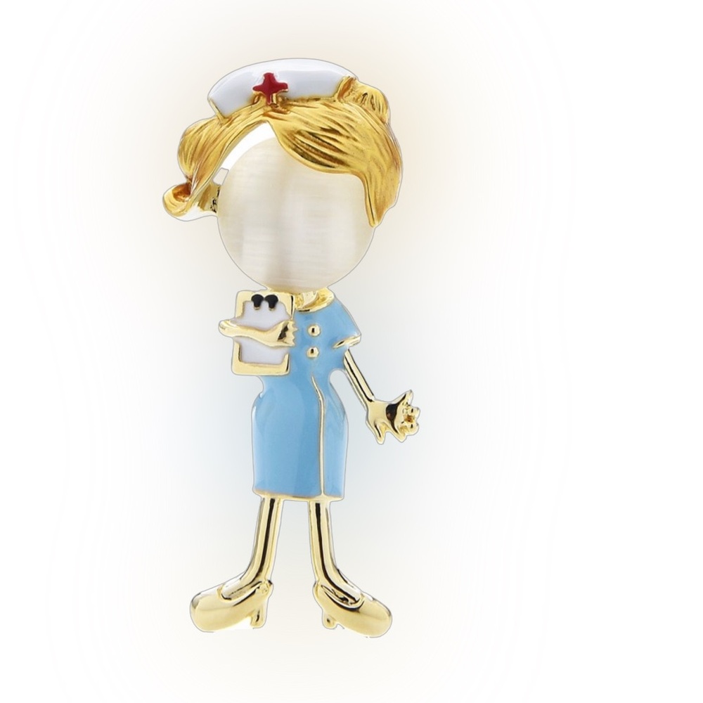 Cute Nurse Brooch with Blue and Gold Accents